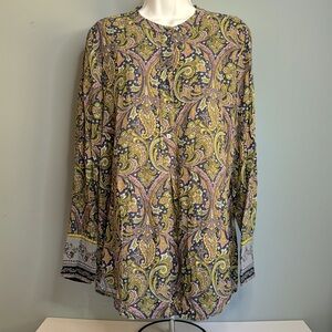 Loft Blue Yellow Pink paisley Blouse Long Sleeve Mandarin Collar M